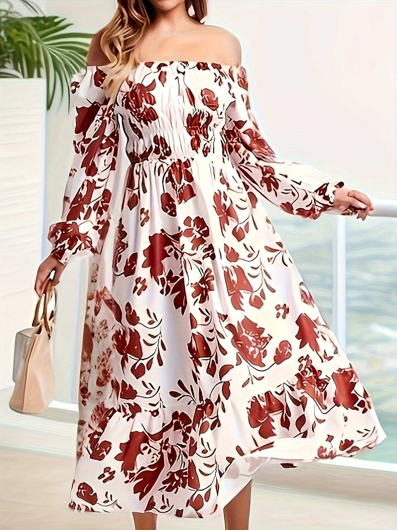 Floral Print High Waist Dress, Casual Lantern Sleeve Maxi Dress, Women's Clothing