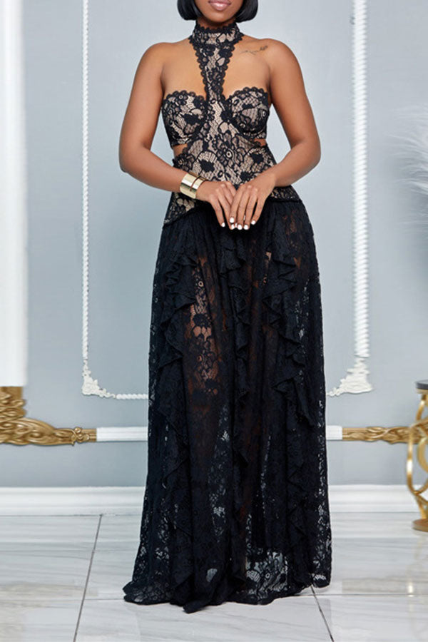storexq Black Lace Halter Collar Stunning See-Through Maxi Dress