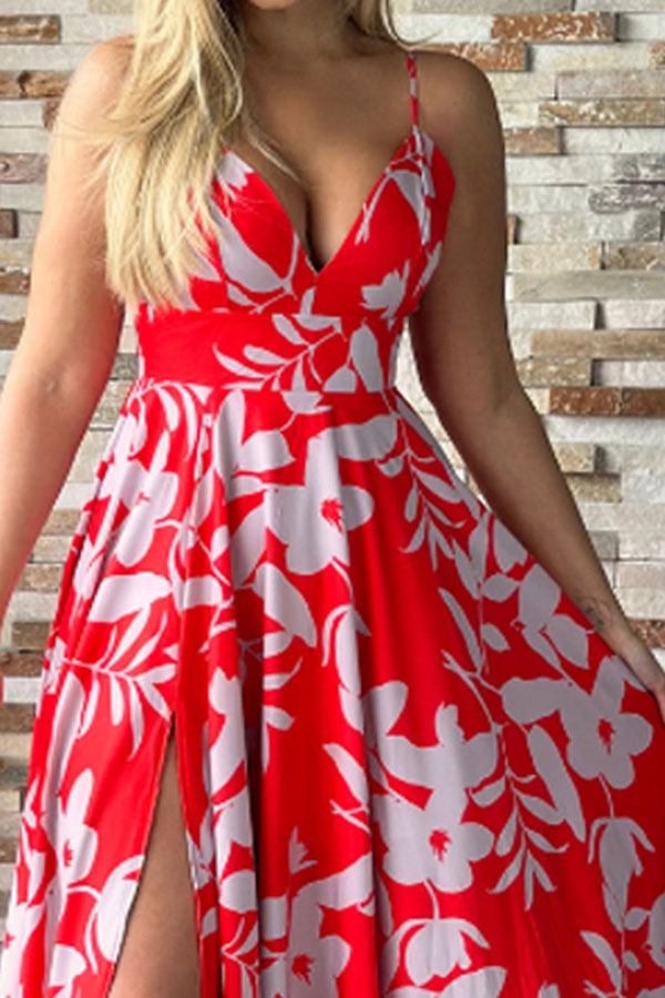 storexq Floral Print Sweet V Neck High Split Maxi Dress
