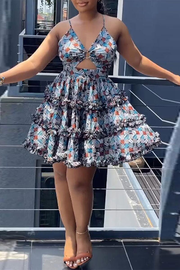 storexq Geometric Print Sweet Cutout Tiered Mini Dress