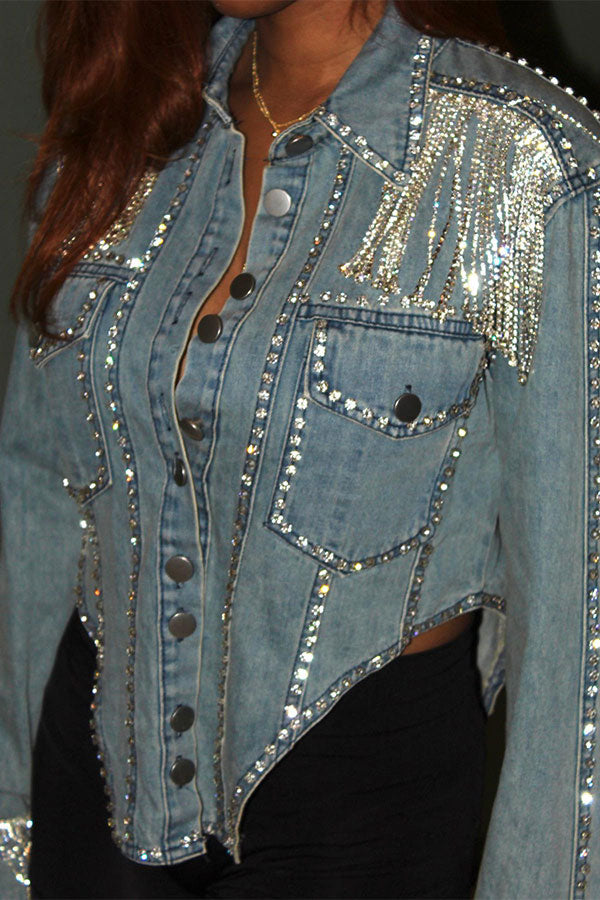 storexq Rhinestone Tassel Dramatic Irregular Denim Jacket
