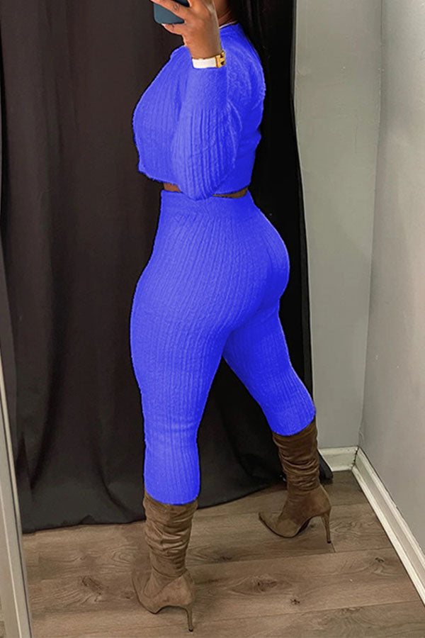 storexq Solid Color Simple Bodycon Knitted Pant Suit (Three Pieces)