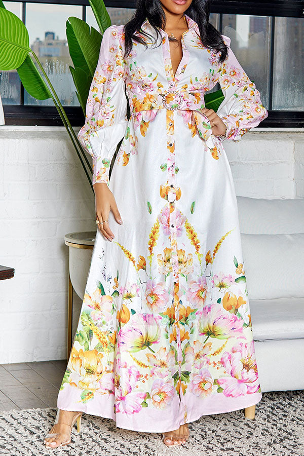 storexq Floral Print Retro Belted Side Split Midi Dress