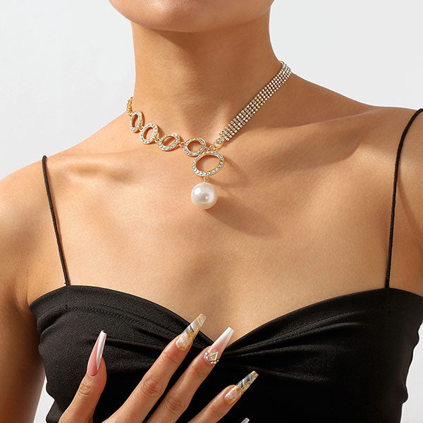 storexq Rhinestone O-ring Design Stunning Faux Pearl Pendant Necklace