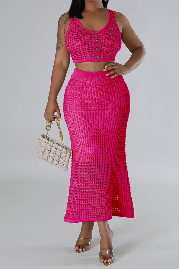 storexq Solid Color Crochet Cutout Beachy Fishtail Skirt Suit