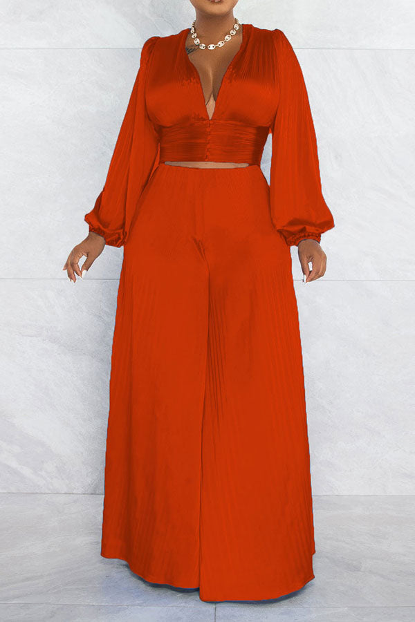 storexq Solid Color Casual Puff Sleeve Pant Suit
