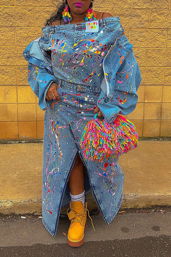 storexq Splash Ink Print Denim Off Shoulder Hippy Mid Split Skirt Suit