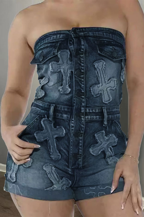 storexq Cross Applique Strapless Urban Washed Denim Romper