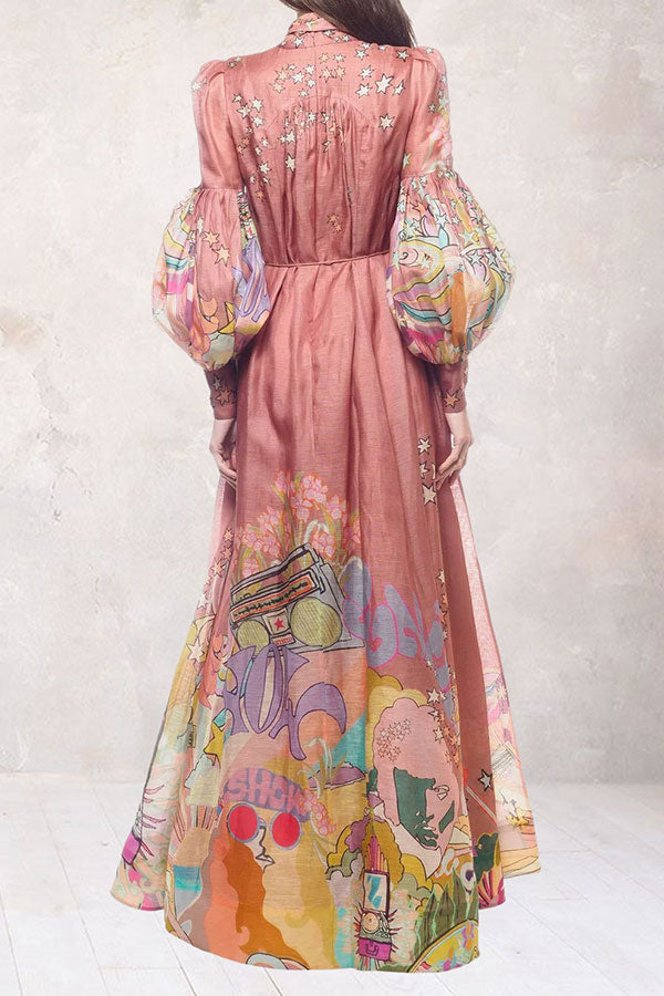 storexq Cartoon Print Dramatic Puff Sleeve Maxi Dress