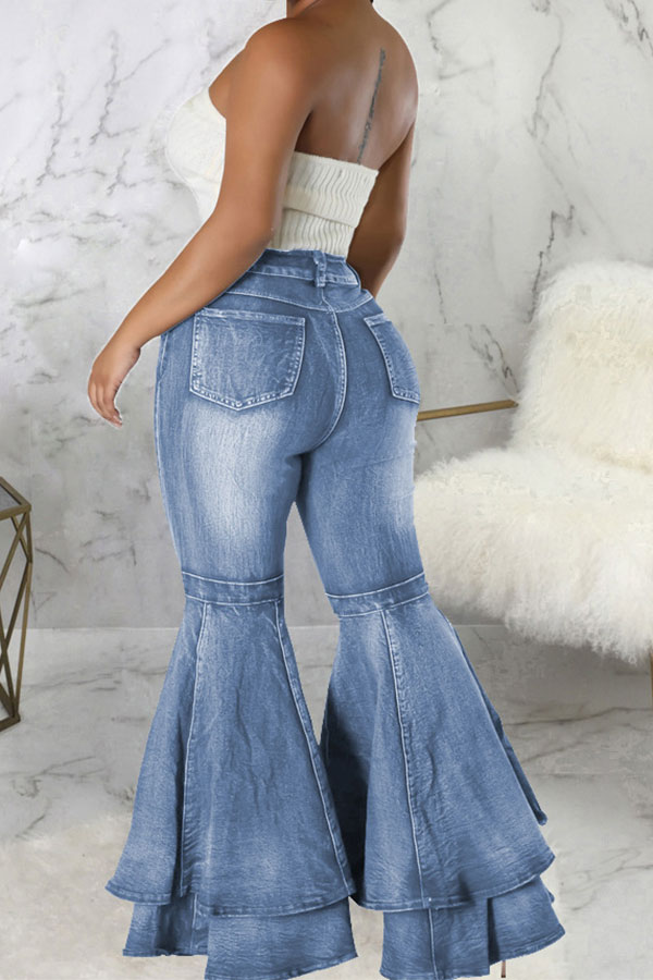 storexq Solid Color Pretty Layered Bell Bottoms Jeans