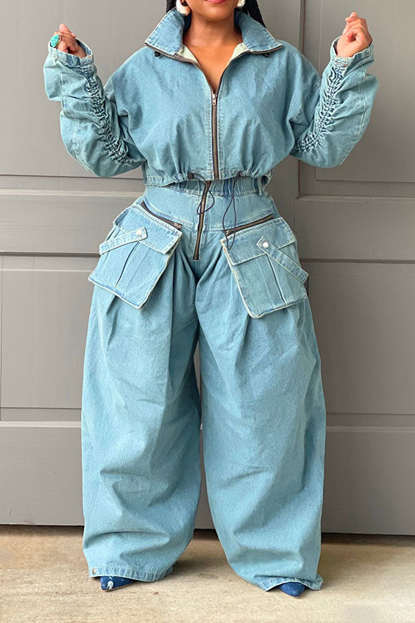 storexq Solid Color Denim Cool Drawstring Patch Pocket Pant Suit