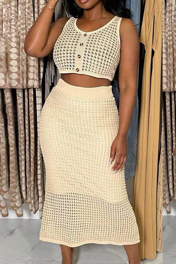 storexq Solid Color Crochet Cutout Beachy Fishtail Skirt Suit