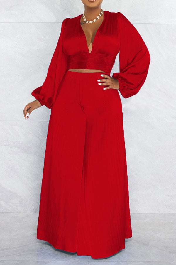 storexq Solid Color Casual Puff Sleeve Pant Suit