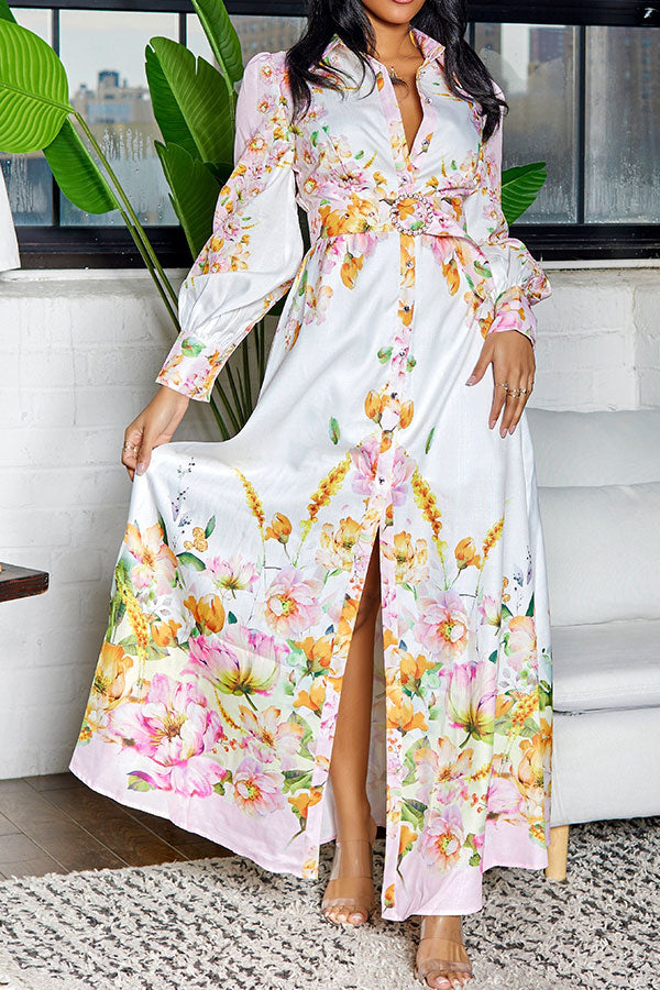 storexq Floral Print Retro Belted Side Split Midi Dress