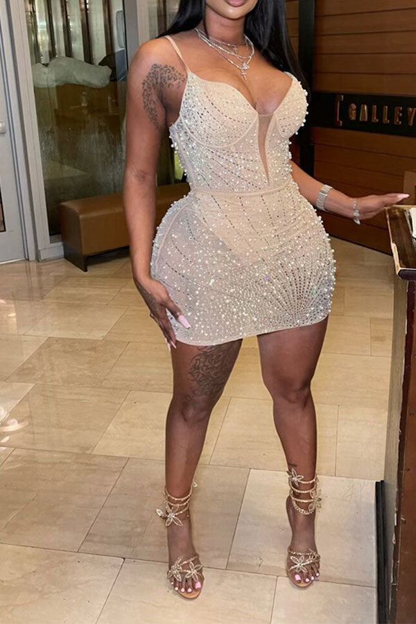 storexq Beaded & Rhinestone Decor Glittery See-Through Mini Dress