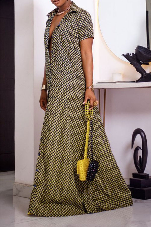 storexq Graphic Print Shirt Collar Oversized Button Maxi Dress
