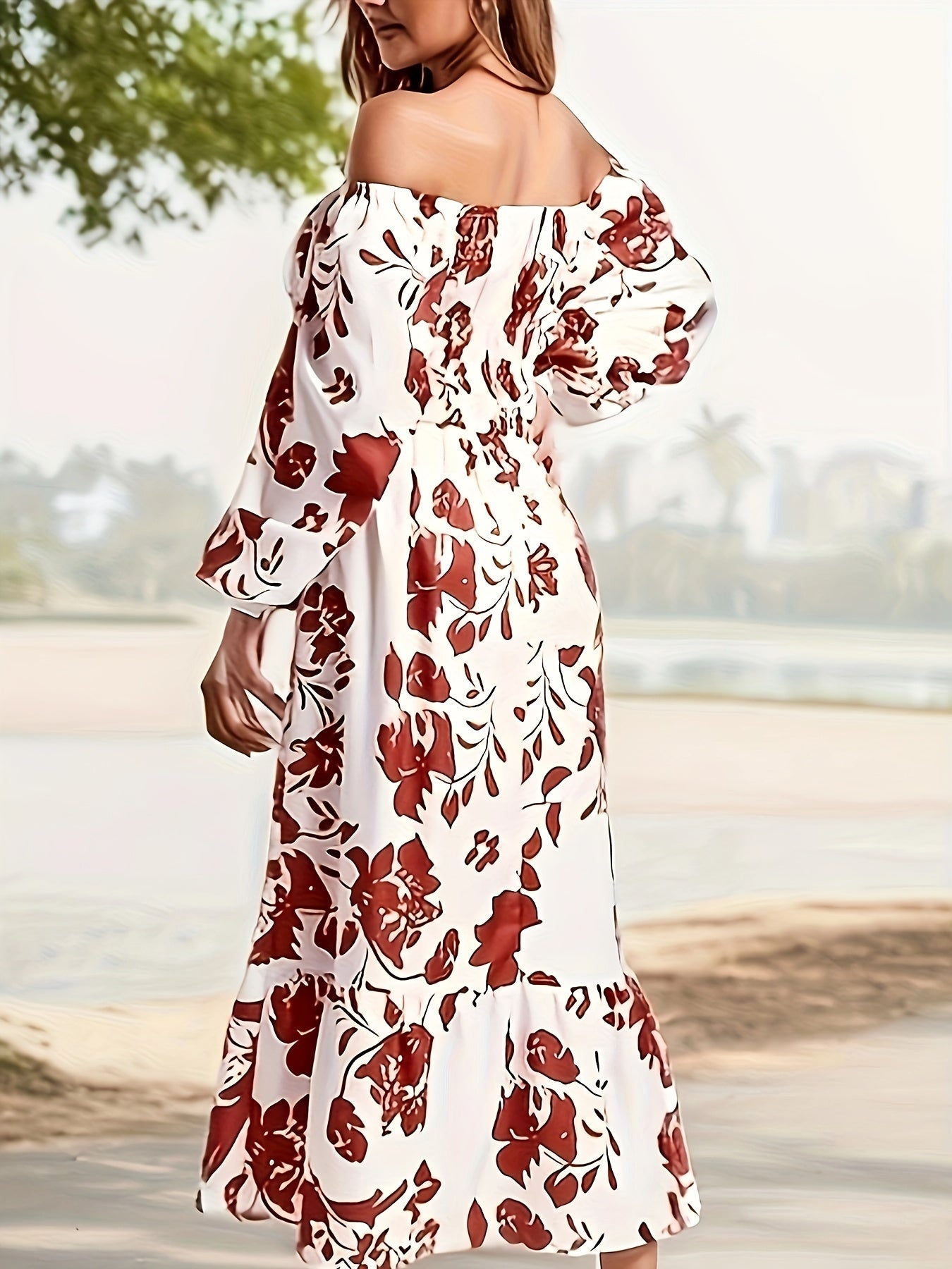 Floral Print High Waist Dress, Casual Lantern Sleeve Maxi Dress, Women's Clothing