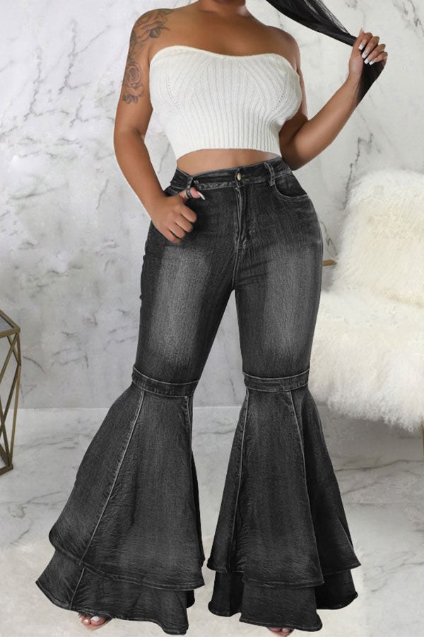 storexq Solid Color Pretty Layered Bell Bottoms Jeans
