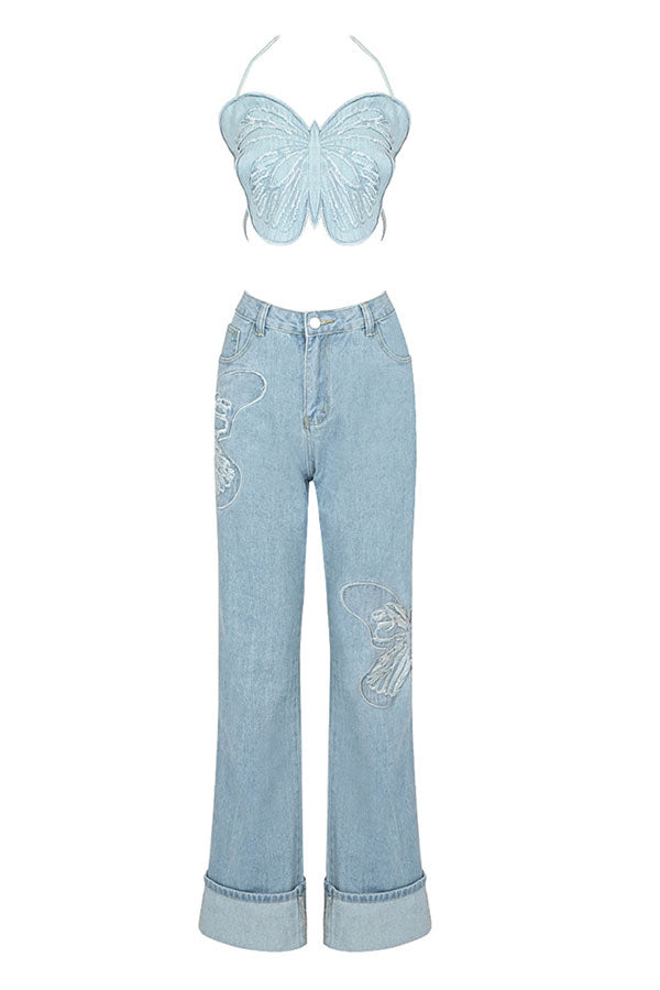 storexq Butterfly Denim Rocking Backless Pant Suit