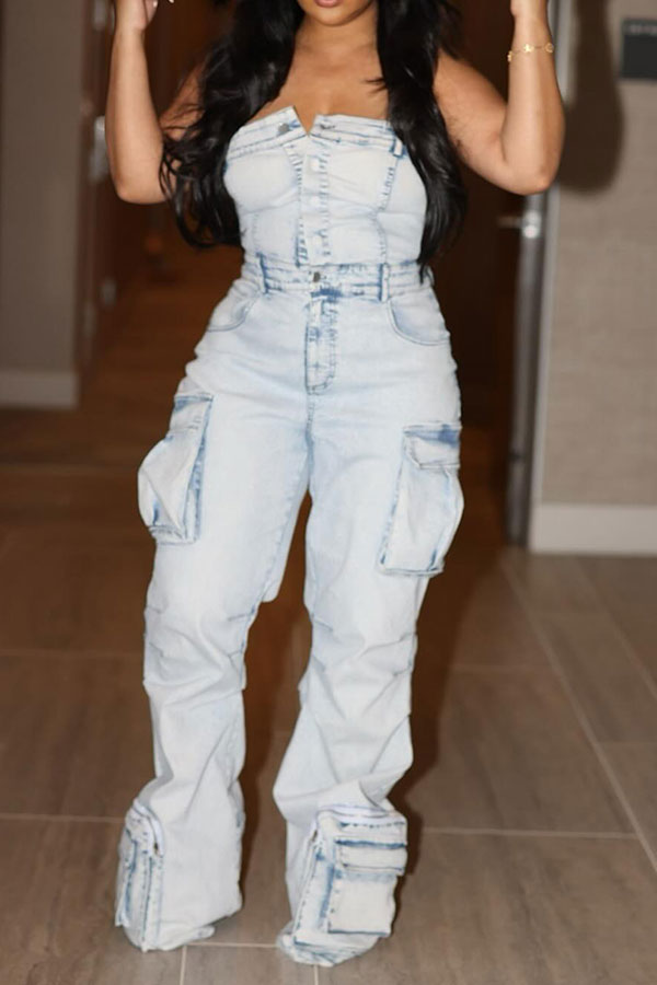 storexq Washed Denim Strapless Casual Multi Pocket Jumpsuit
