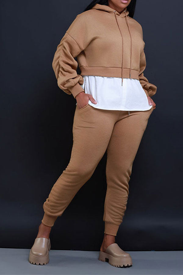 storexq Hit Color Patchwork Casual Hooded Pant Suit