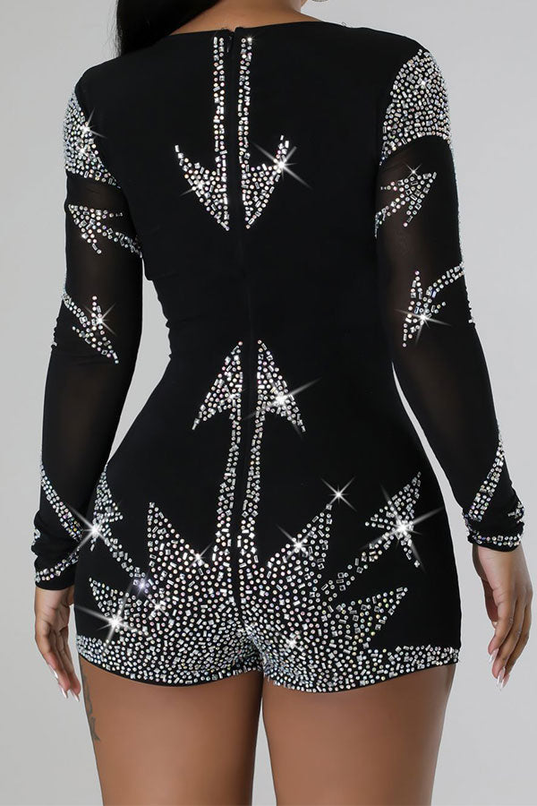 storexq Rhinestone Romantic Square Collar Bodycon Romper