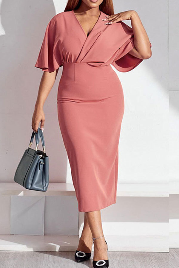 storexq Solid Color Feminine V Neck Midi Dress