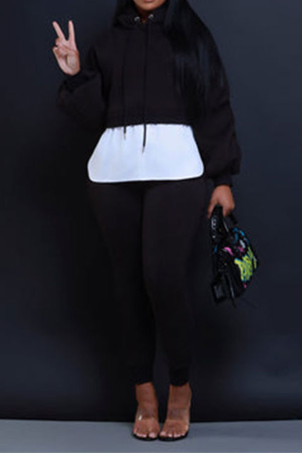 storexq Hit Color Patchwork Casual Hooded Pant Suit