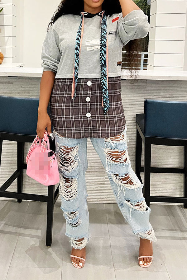 storexq Patchwork Plaid Preppy Hooded Top