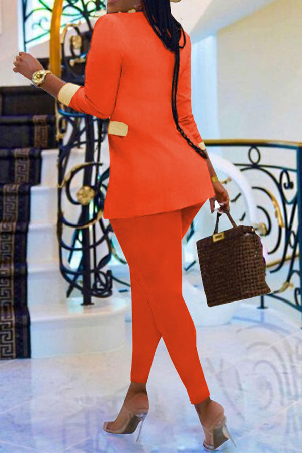 storexq Color Block Patchwork Elegant Zipper Pant Suit