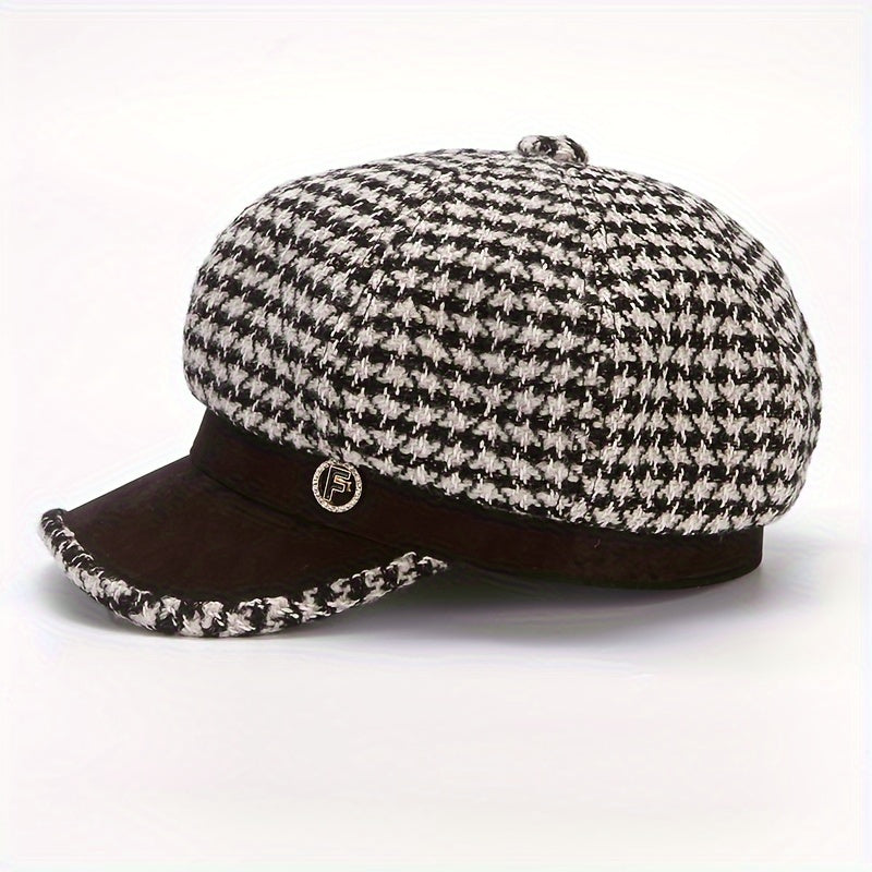Chic Houndstooth Beret For Women - Warm & Breathable, Non-Stretch Polyester, Knit Craftsmanship, Adjustable Drawstring Closure, Perfect For Fall/Winter Fashion