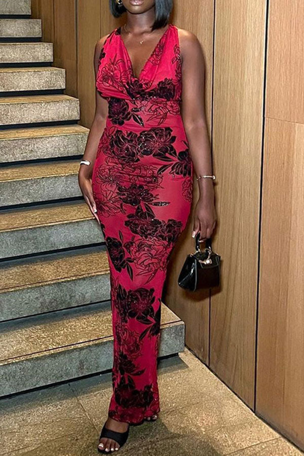 storexq Flower Print Flattering Halter Collar Maxi Dress