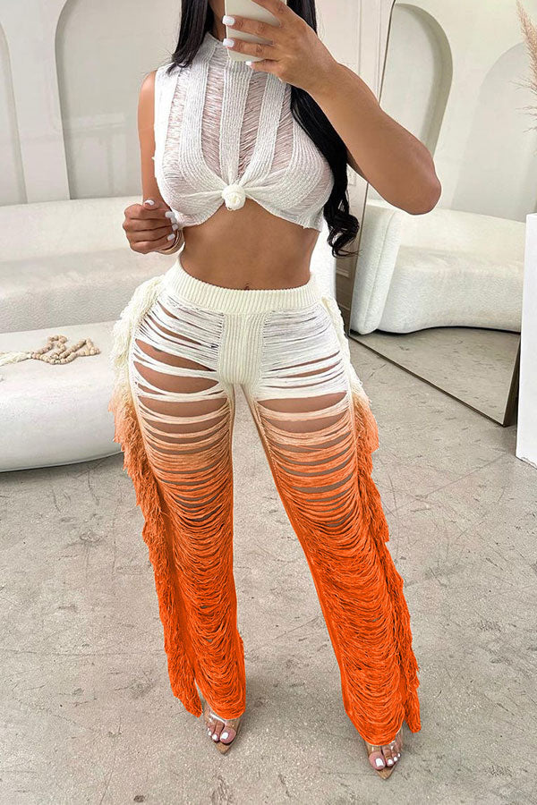 storexq Gradient Ripped Cool Side Tassel Knitted Pant Suit
