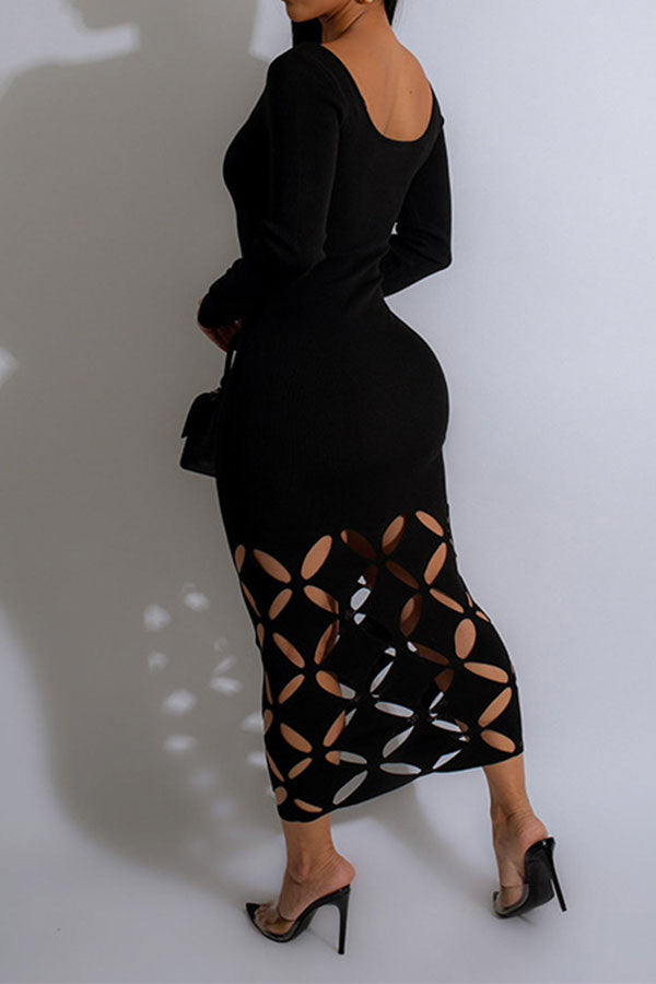 storexq Solid Color Romantic Cutout Design Midi Dress