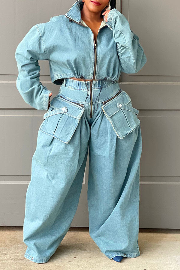 storexq Solid Color Denim Cool Drawstring Patch Pocket Pant Suit