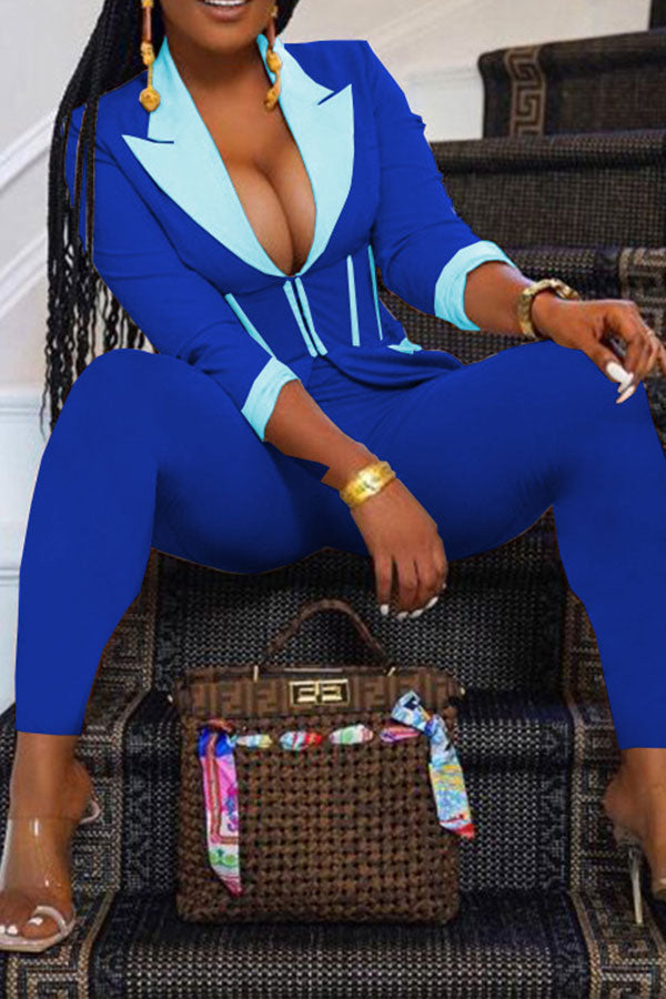 storexq Color Block Patchwork Elegant Zipper Pant Suit