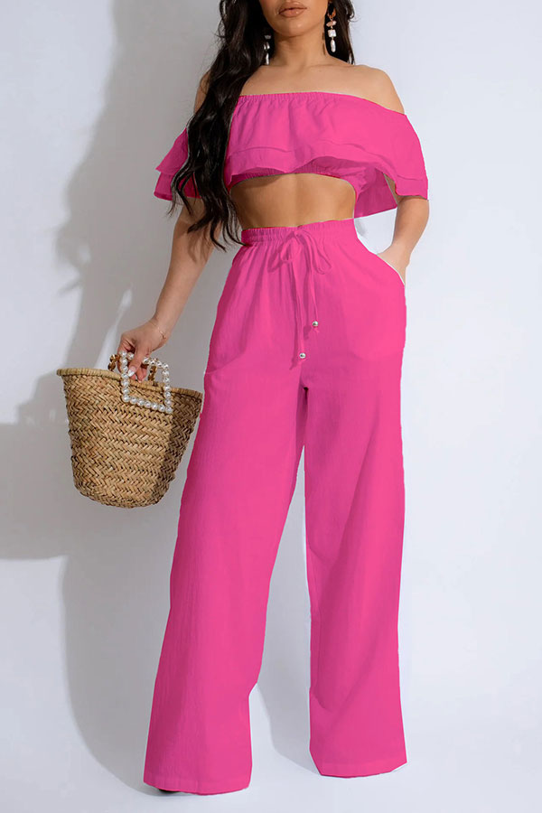 storexq Solid Color Ruffles Off Shoulder Feminine Wide Leg Pant Suit