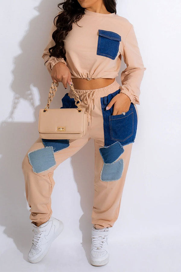 storexq Applique Patchwork Sporty Drawstring Pant Suit
