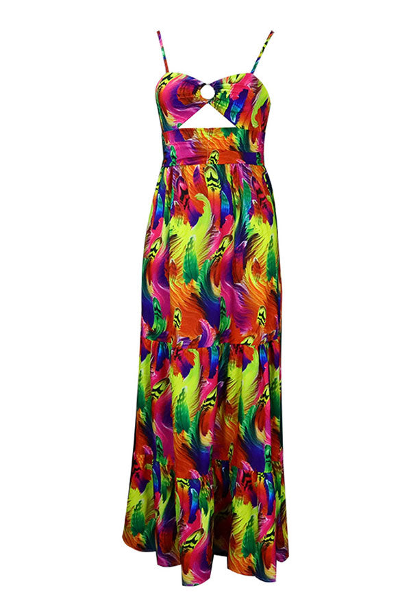 storexq Feather Print Colorful Tiered Ruffle Maxi Dress