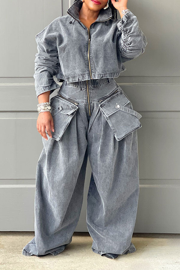 storexq Solid Color Denim Cool Drawstring Patch Pocket Pant Suit