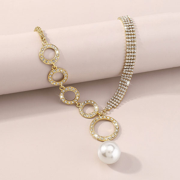 storexq Rhinestone O-ring Design Stunning Faux Pearl Pendant Necklace