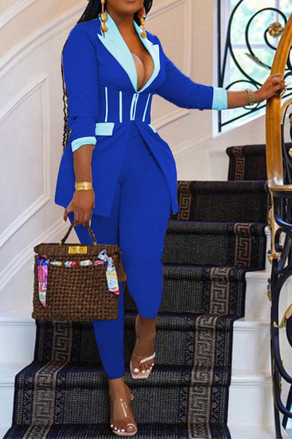 storexq Color Block Patchwork Elegant Zipper Pant Suit