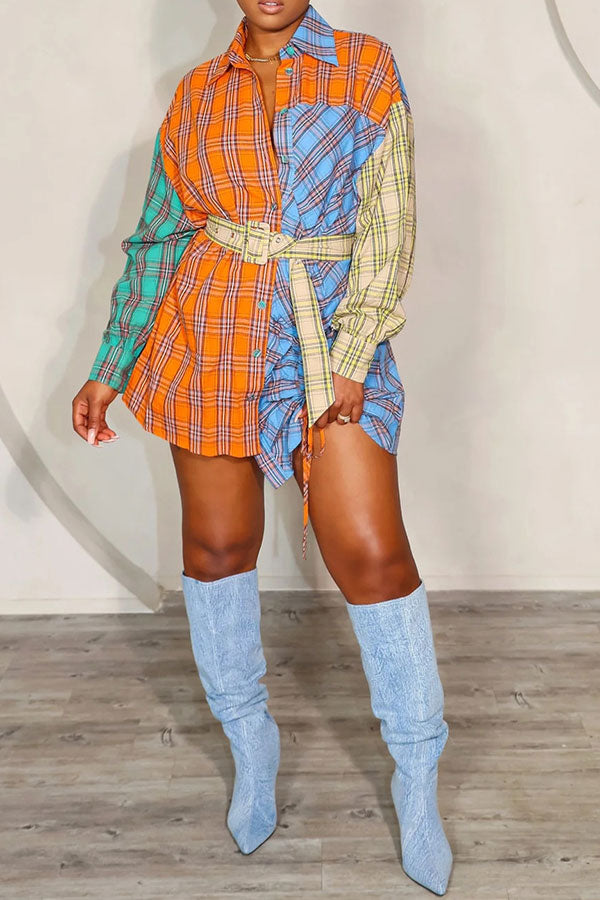 storexq Plaid Classic Drawstring Belted Mini Dress