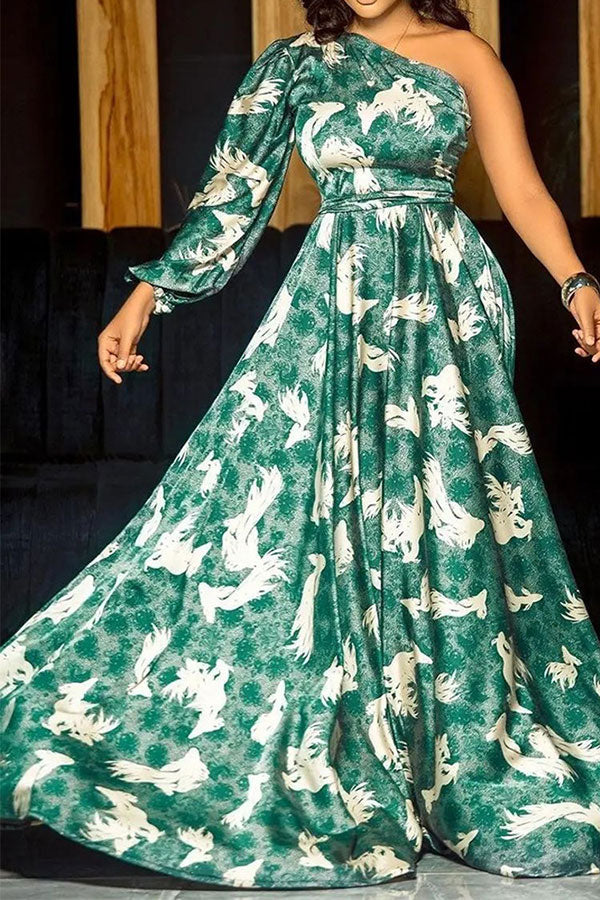 storexq Abstract Print One Shoulder Sweet High Split Maxi Dress