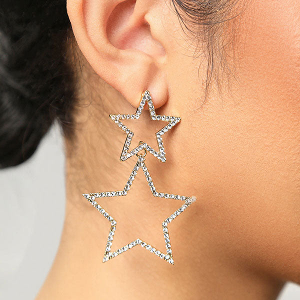 storexq Rhinestone On-trend Double Star Drop Earrings