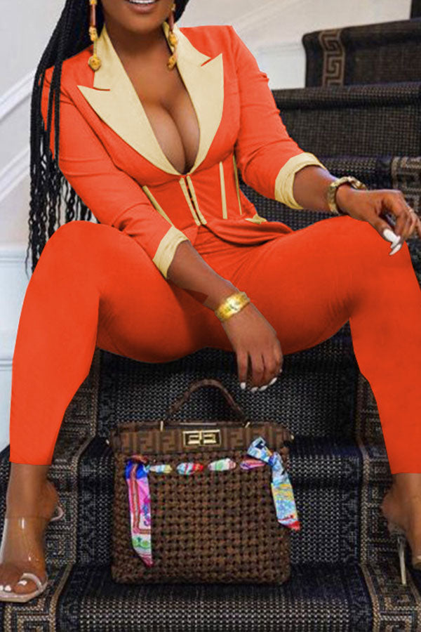 storexq Color Block Patchwork Elegant Zipper Pant Suit