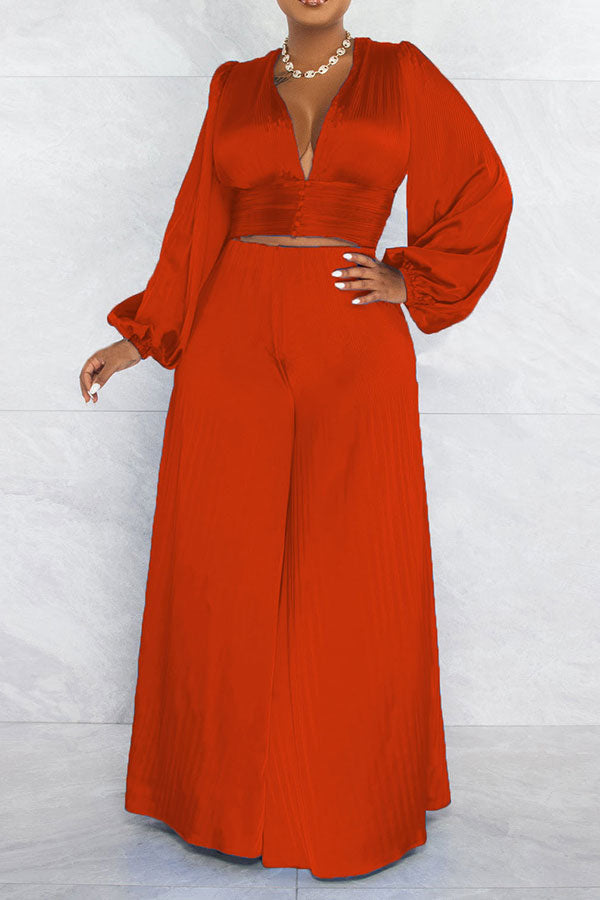 storexq Solid Color Casual Puff Sleeve Pant Suit