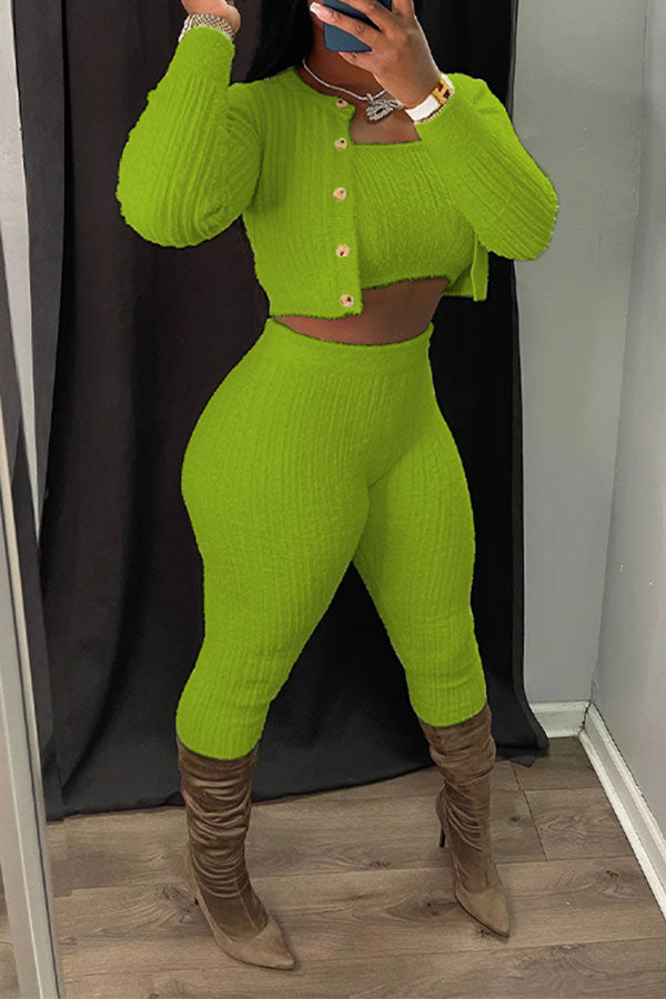 storexq Solid Color Simple Bodycon Knitted Pant Suit (Three Pieces)