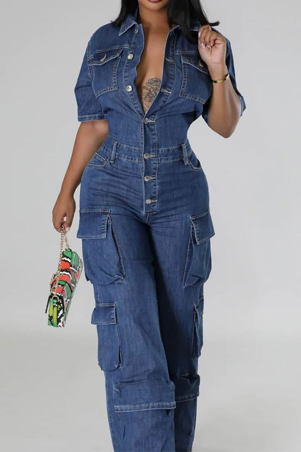 storexq Solid Color Denim Classic Multi Pocket Jumpsuit