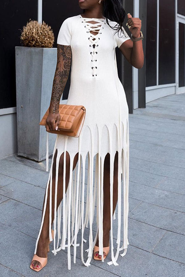 storexq Color Block Tassels Stylish Lace-Up Maxi Dress